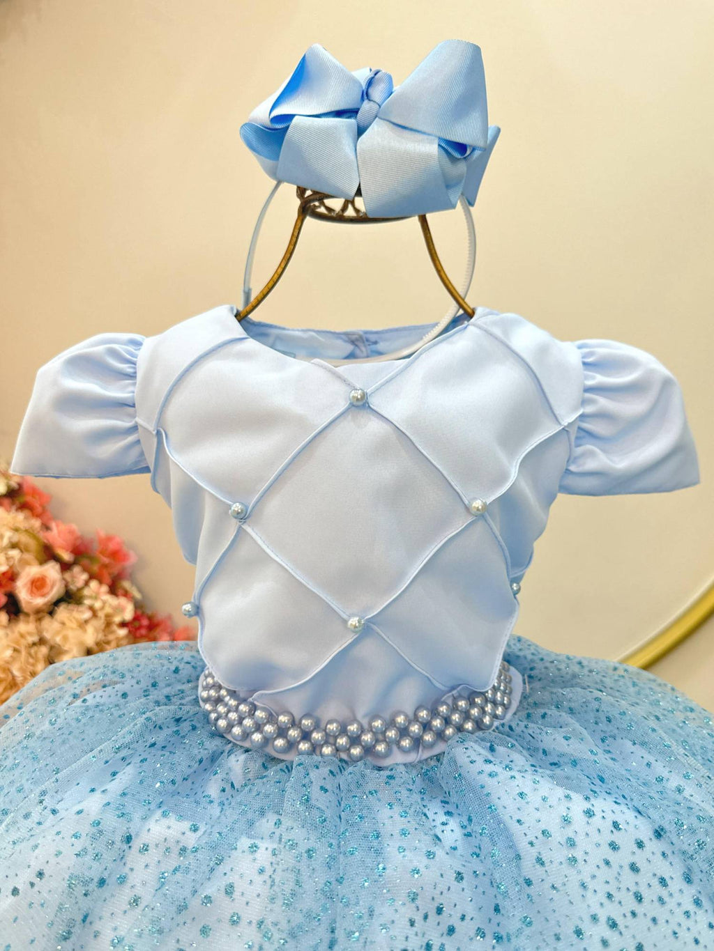 Vestido Infantil Azul com Glitter e Busto Nervura para Festas