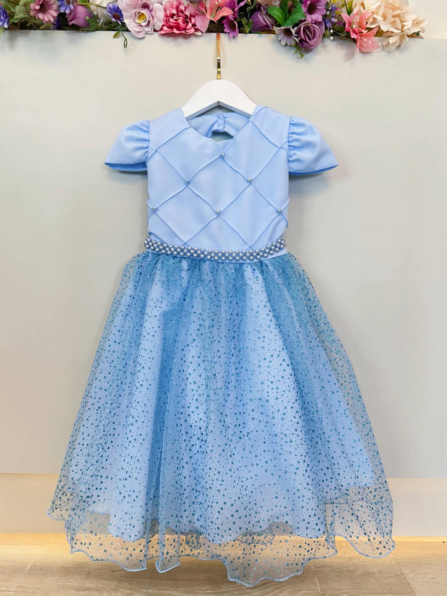 Vestido Infantil Azul com Glitter e Busto Nervura para Festas