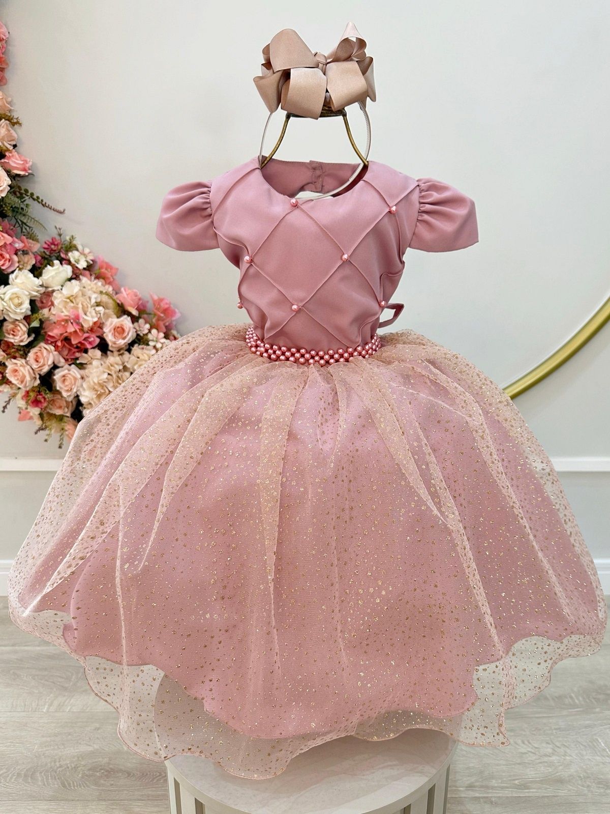 Vestido Infantil Rosa com Glitter e Busto Nervurado para Festas