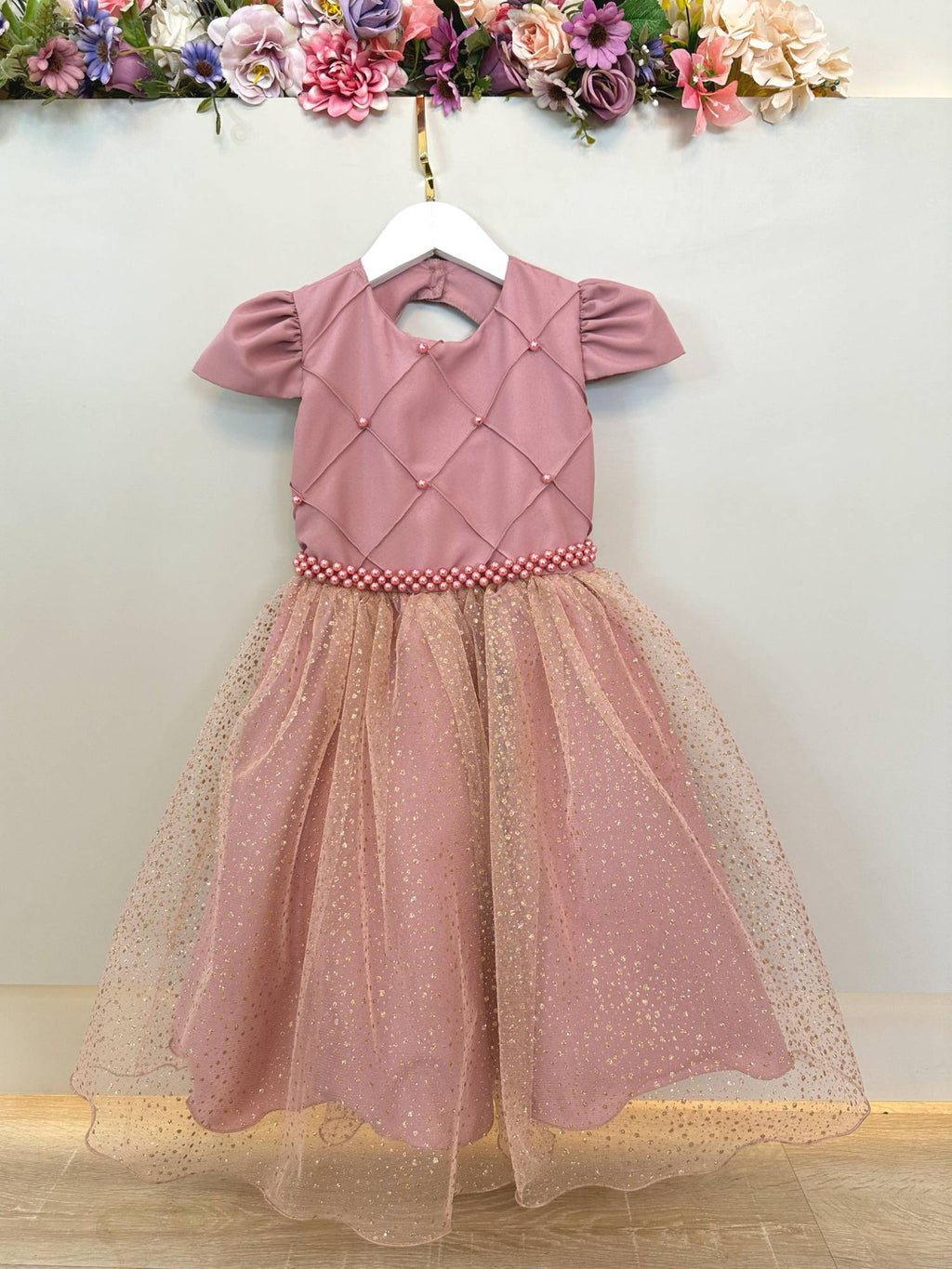 Vestido Infantil Rosa com Glitter e Busto Nervurado para Festas