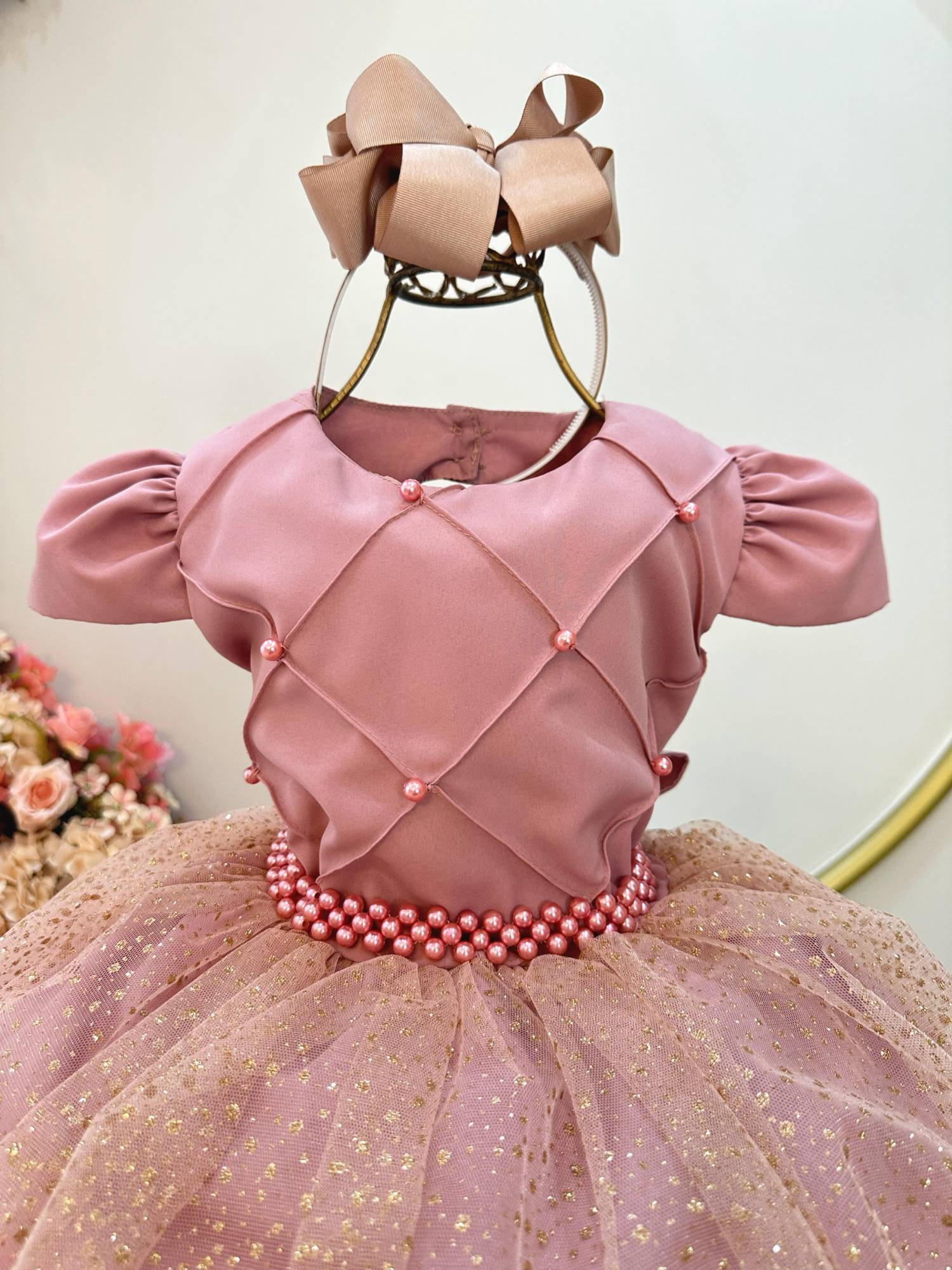 Vestido Infantil Rosa com Glitter e Busto Nervurado para Festas