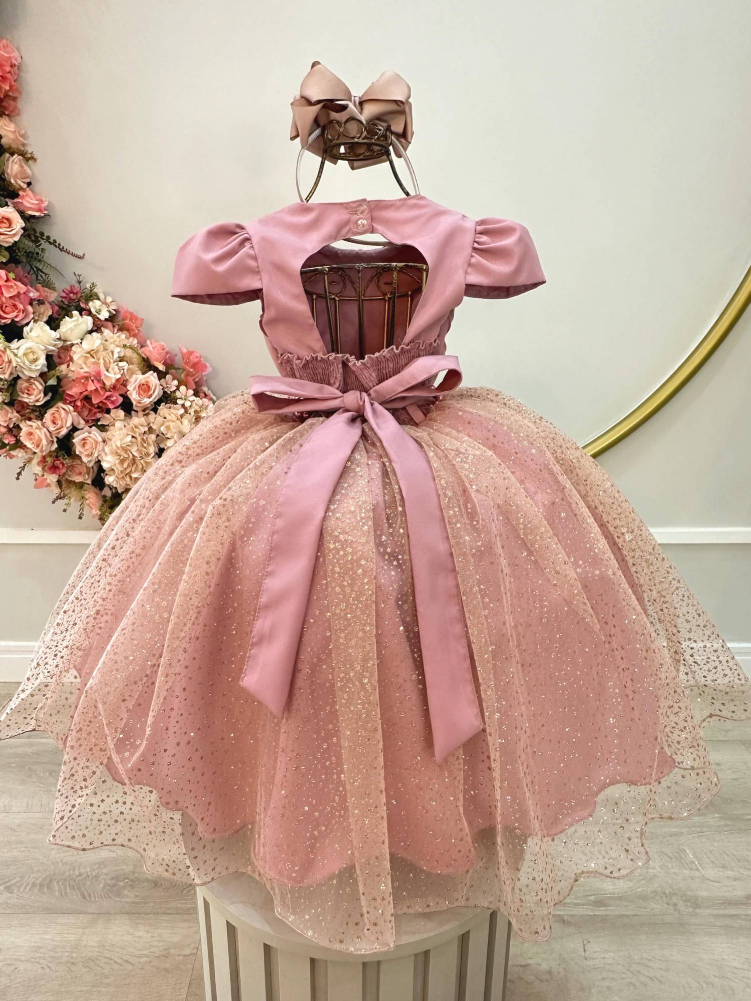 Vestido Infantil Rosa com Glitter e Busto Nervurado para Festas