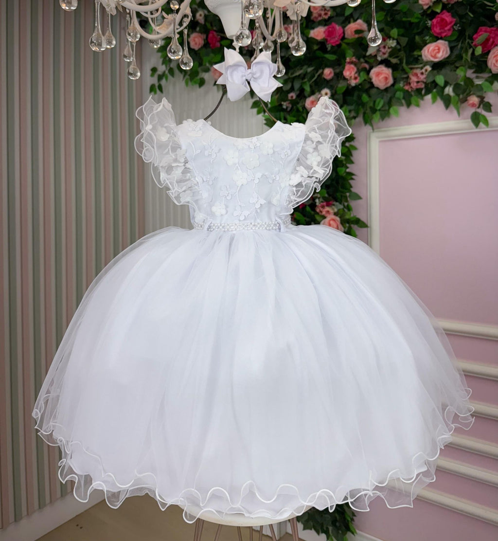 Vestido Infantil Branco em Tecido Tafeta com Laço e Gola Redonda