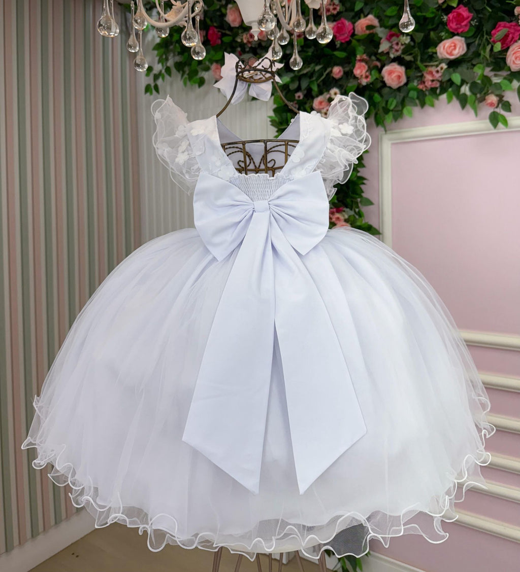 Vestido Infantil Branco em Tecido Tafeta com Laço e Gola Redonda
