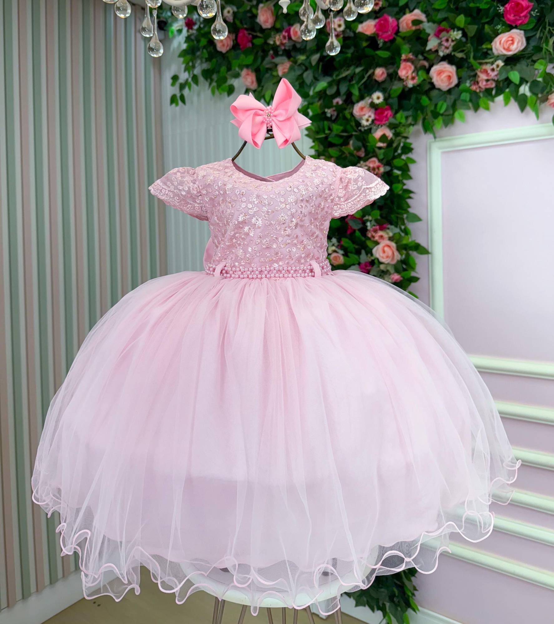 Vestido Rosa Bebê em Tecido Tafeta para Menina