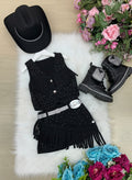 Conjunto Boiadeira Jeans Preto com Franjas e Chapéu Estilizado
