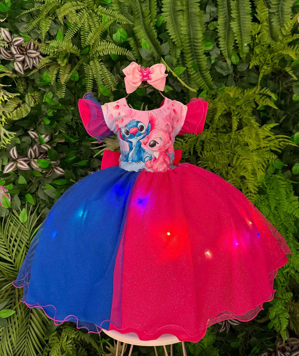 Vestido Temático com LED Stitch e Angel em Rosa e Azul
