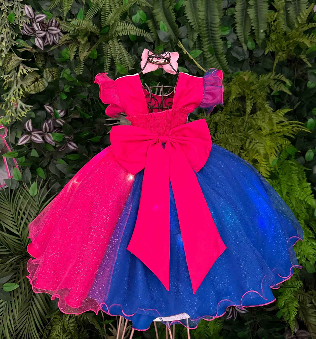 Vestido Temático com LED Stitch e Angel em Rosa e Azul