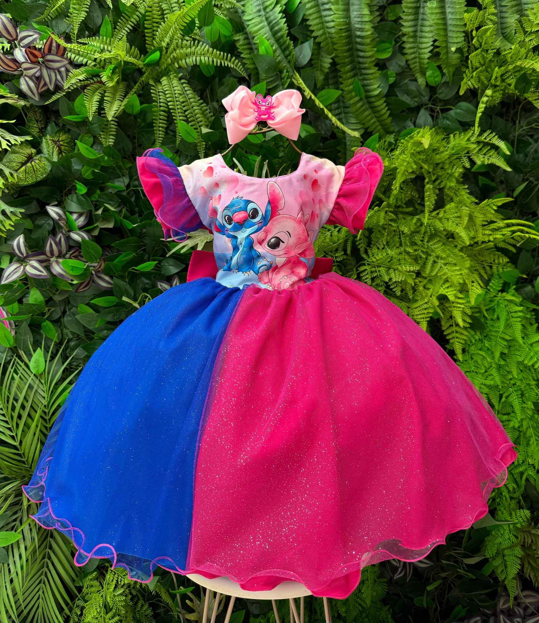 Vestido Temático com LED Stitch e Angel em Rosa e Azul