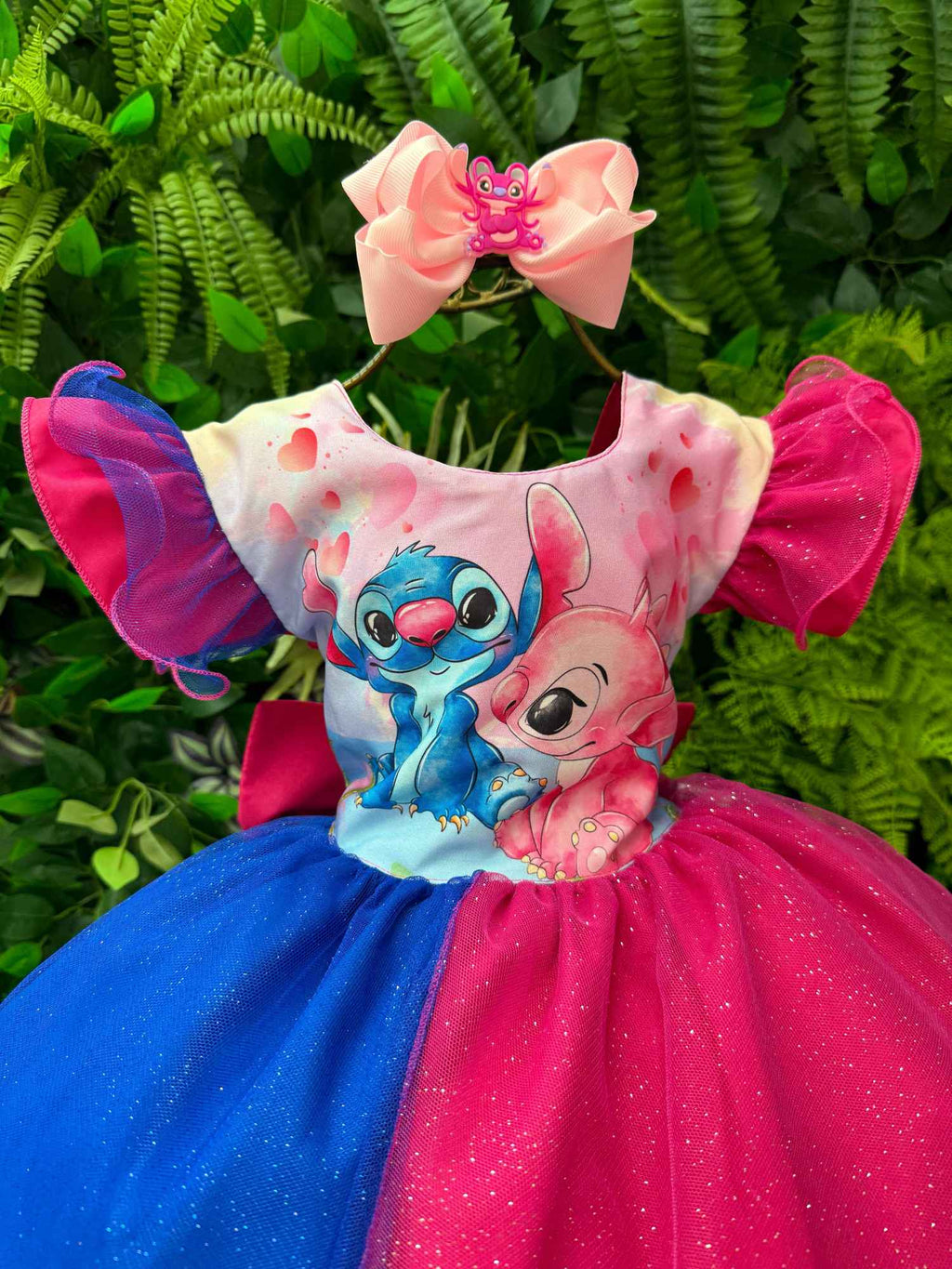Vestido Temático com LED Stitch e Angel em Rosa e Azul