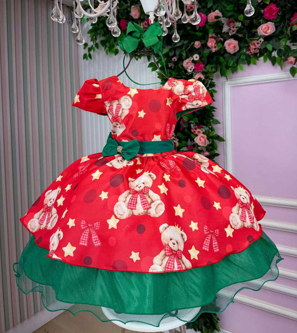 Vestido Vermelho Encanto de Natal com Ursinhos Fofinhos