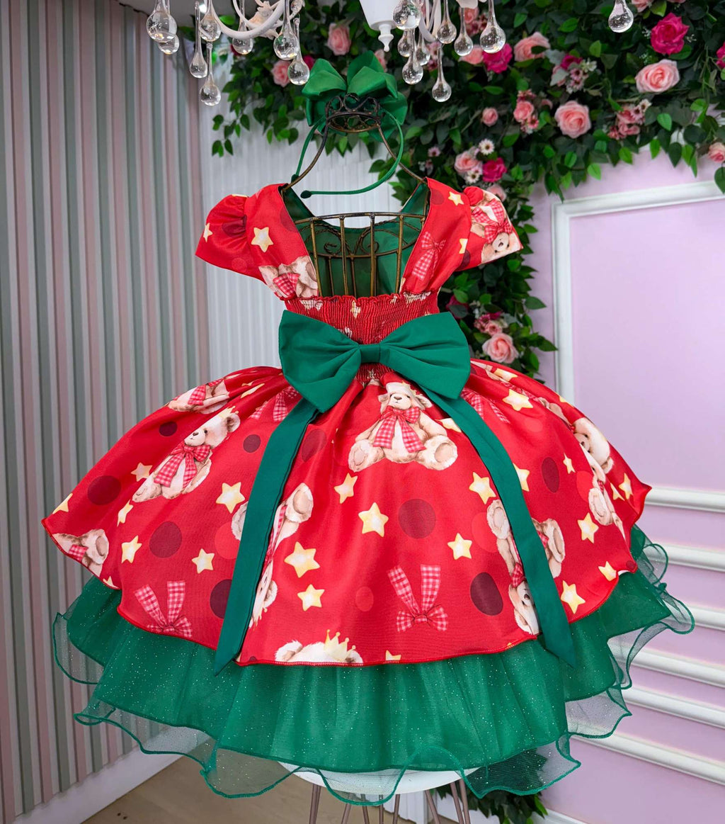 Vestido Vermelho Encanto de Natal com Ursinhos Fofinhos