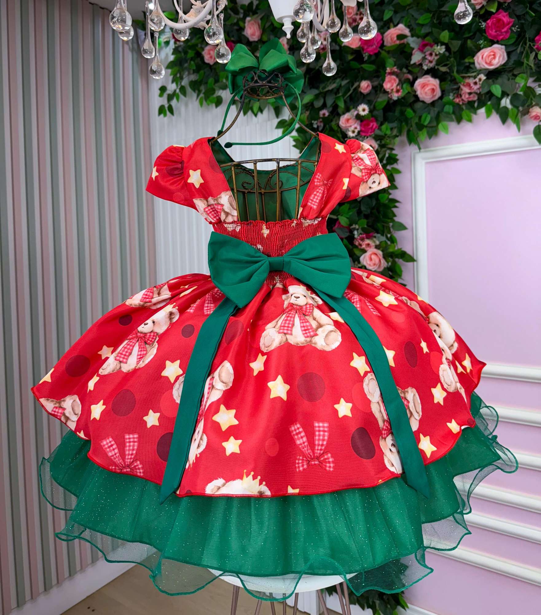 Vestido Vermelho Encanto de Natal com Ursinhos Fofinhos