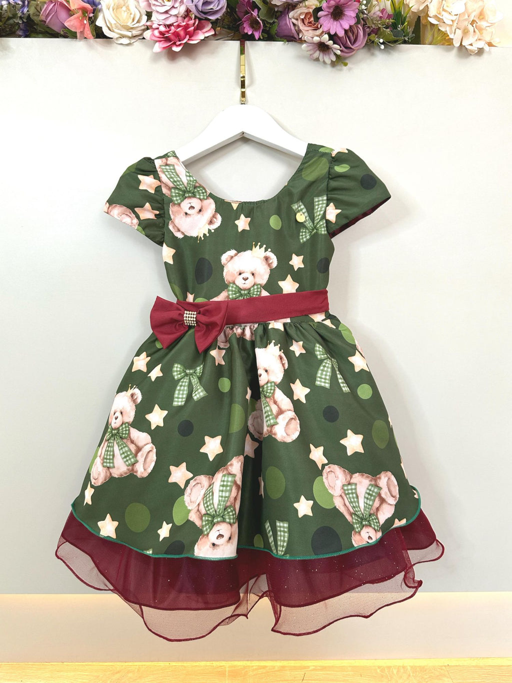 Vestido Infantil Verde e Marsala Ursinhos Natal Festas