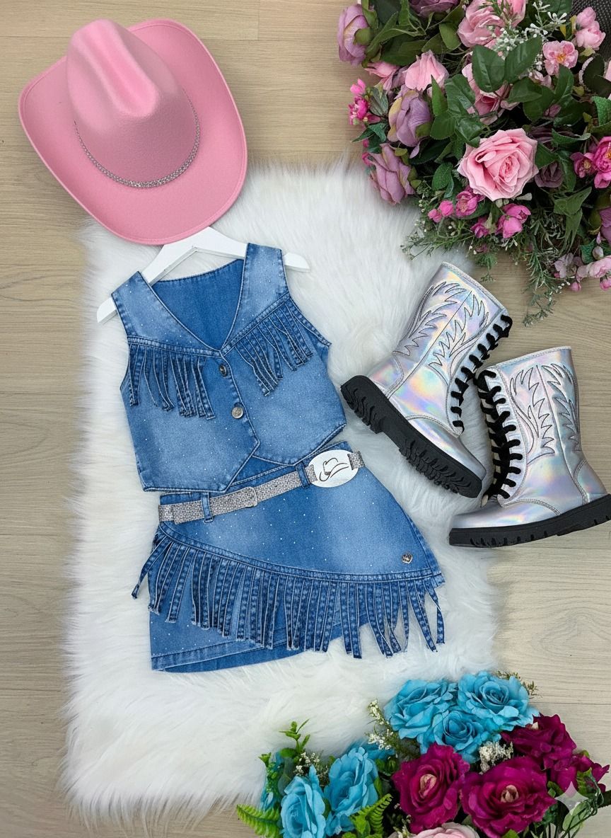 Conjunto Jeans Boiadeira com Chapéu e Franjas para Meninas