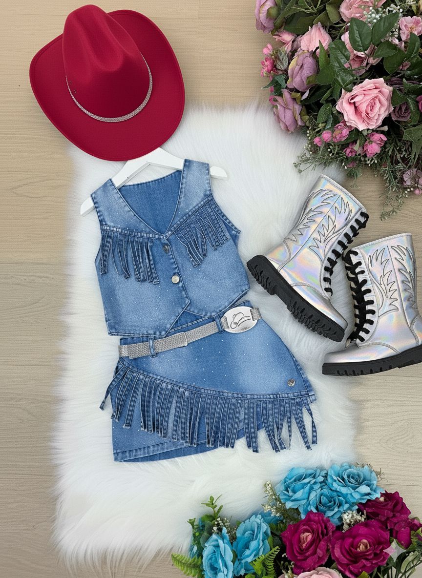 Conjunto Jeans Boiadeira com Chapéu e Franjas para Meninas