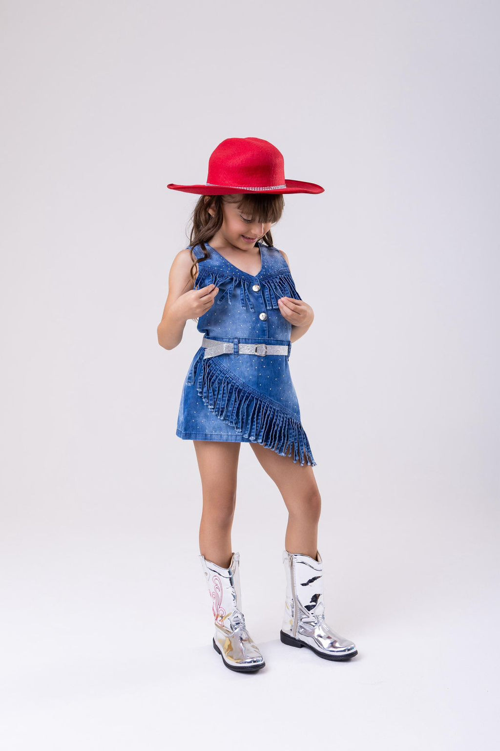 Conjunto Jeans Boiadeira com Chapéu e Franjas para Meninas