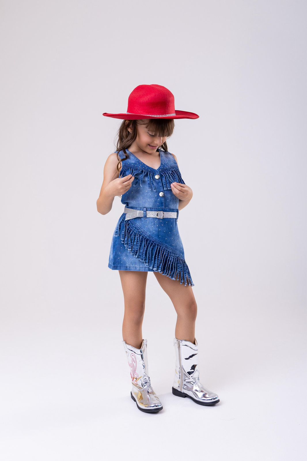 Conjunto Jeans Boiadeira com Chapéu e Franjas para Meninas