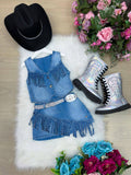 Conjunto Jeans Boiadeira com Chapéu e Franjas para Meninas