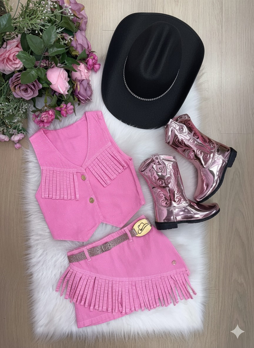 Conjunto Boiadeira Jeans Preto com Franjas e Chapéu para Meninas