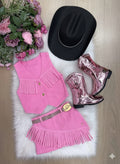 Conjunto Boiadeira Jeans Preto com Franjas e Chapéu para Meninas