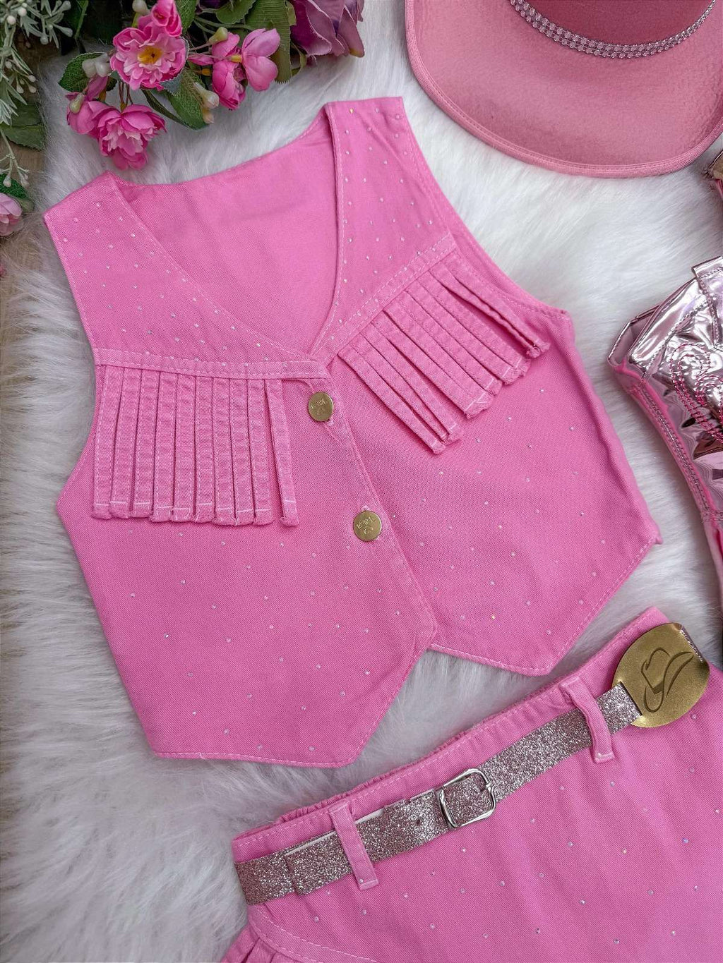 Conjunto Boiadeira Jeans Preto com Franjas e Chapéu para Meninas