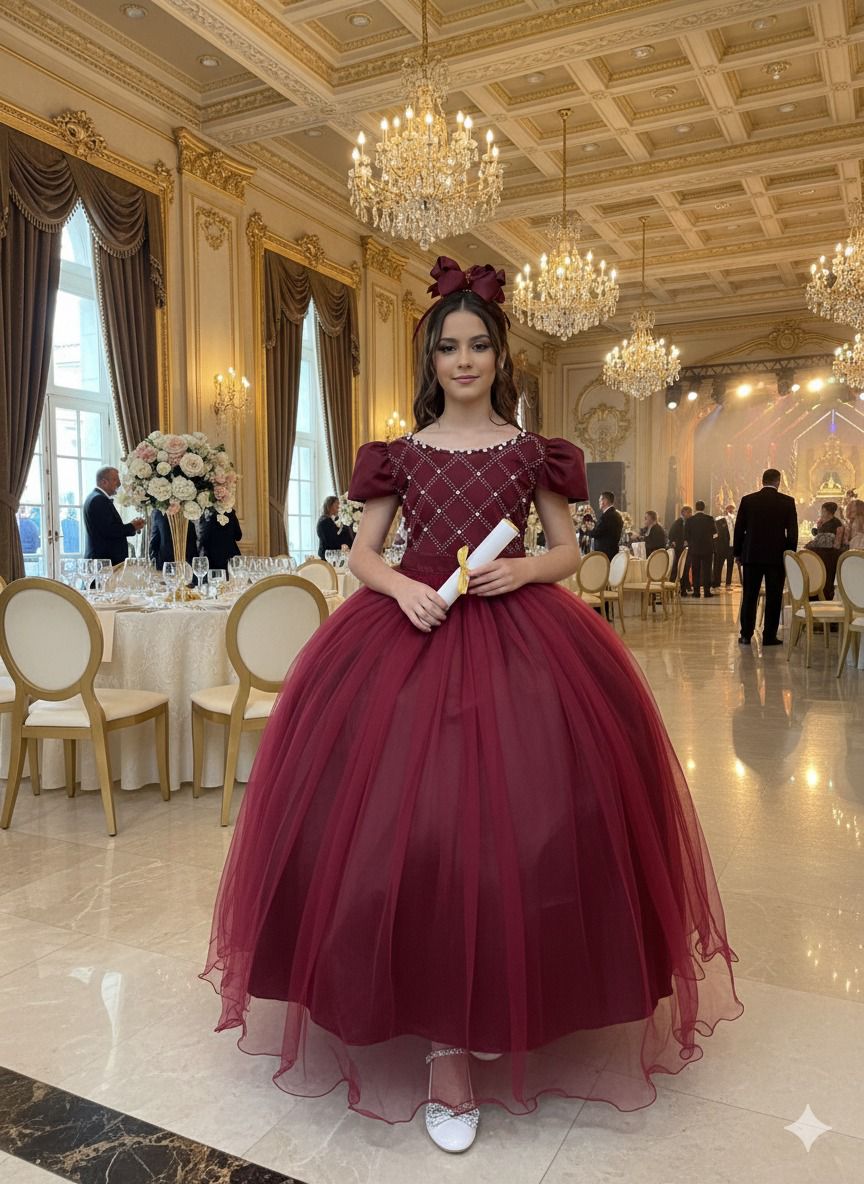 Vestido Longo Infantil Marsala em Tecido Acetinado com Bordados