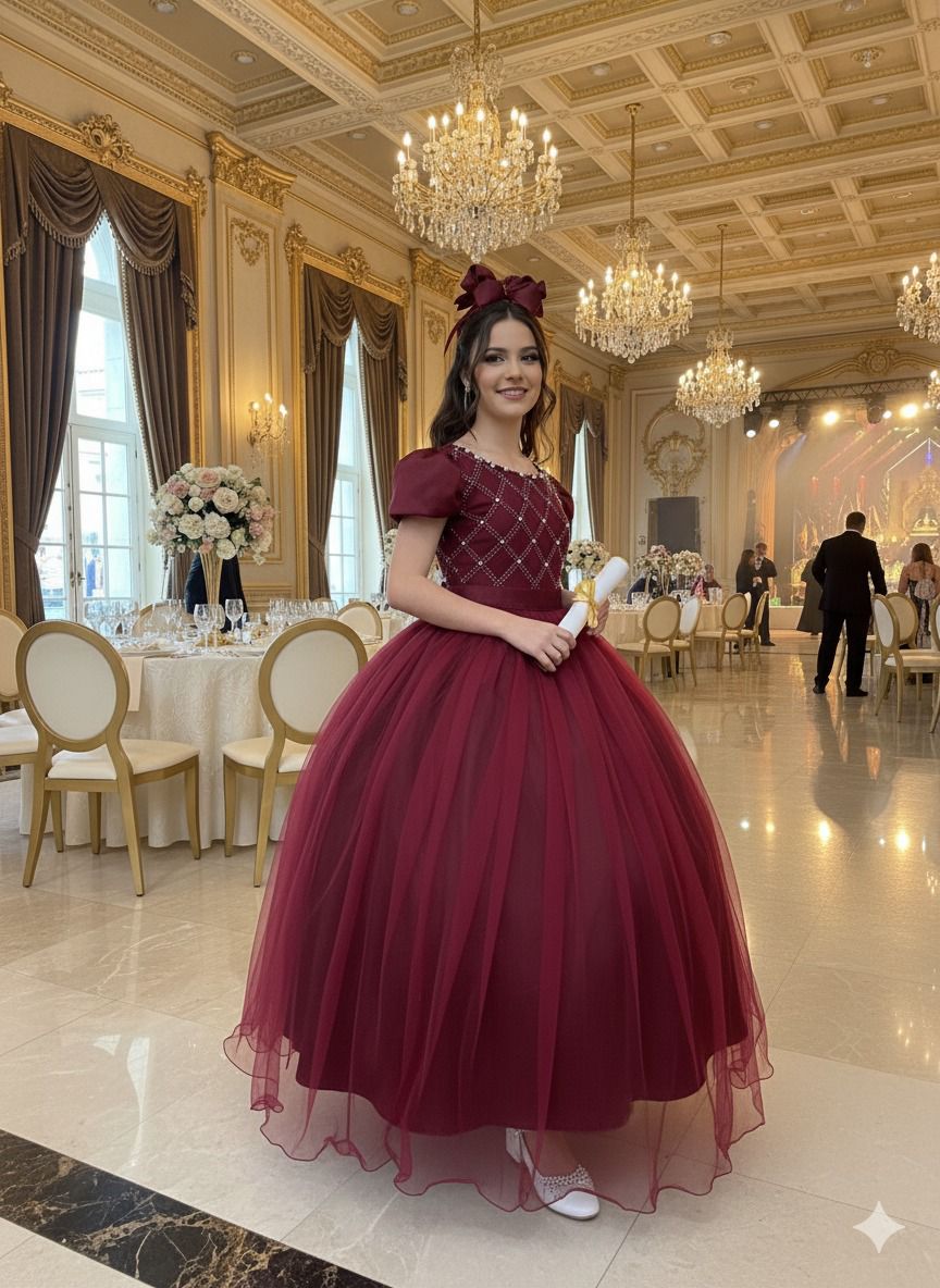 Vestido Longo Infantil Marsala em Tecido Acetinado com Bordados