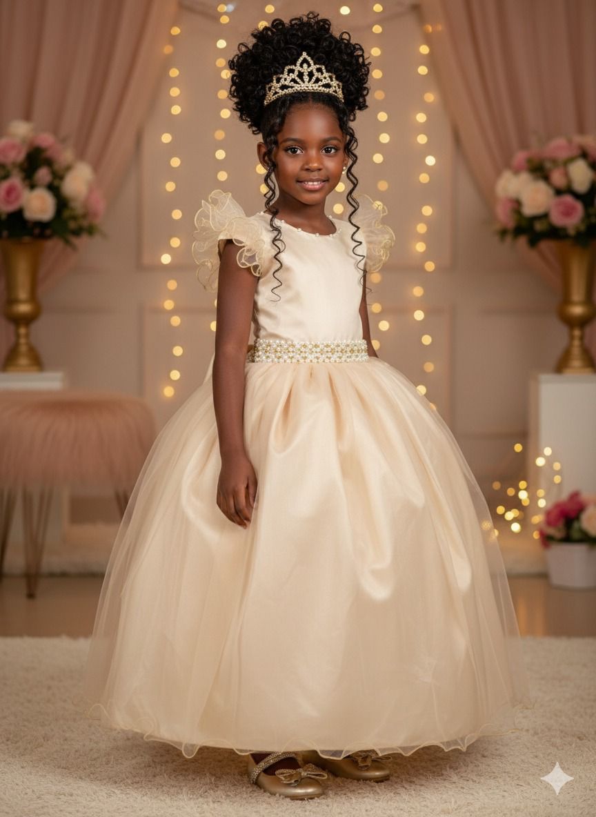 Vestido Longo Dourado Amanda em Tule com Cinto de Pérolas