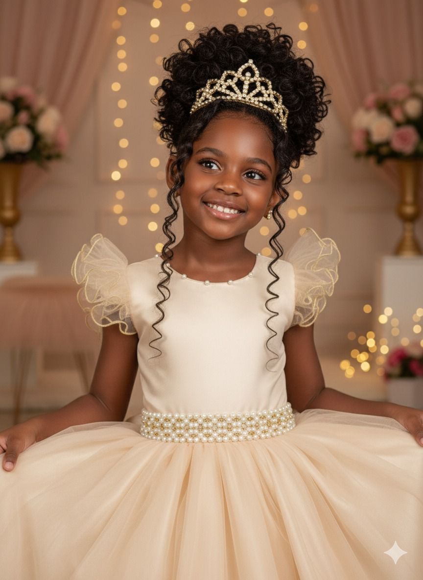 Vestido Longo Dourado Amanda em Tule com Cinto de Pérolas