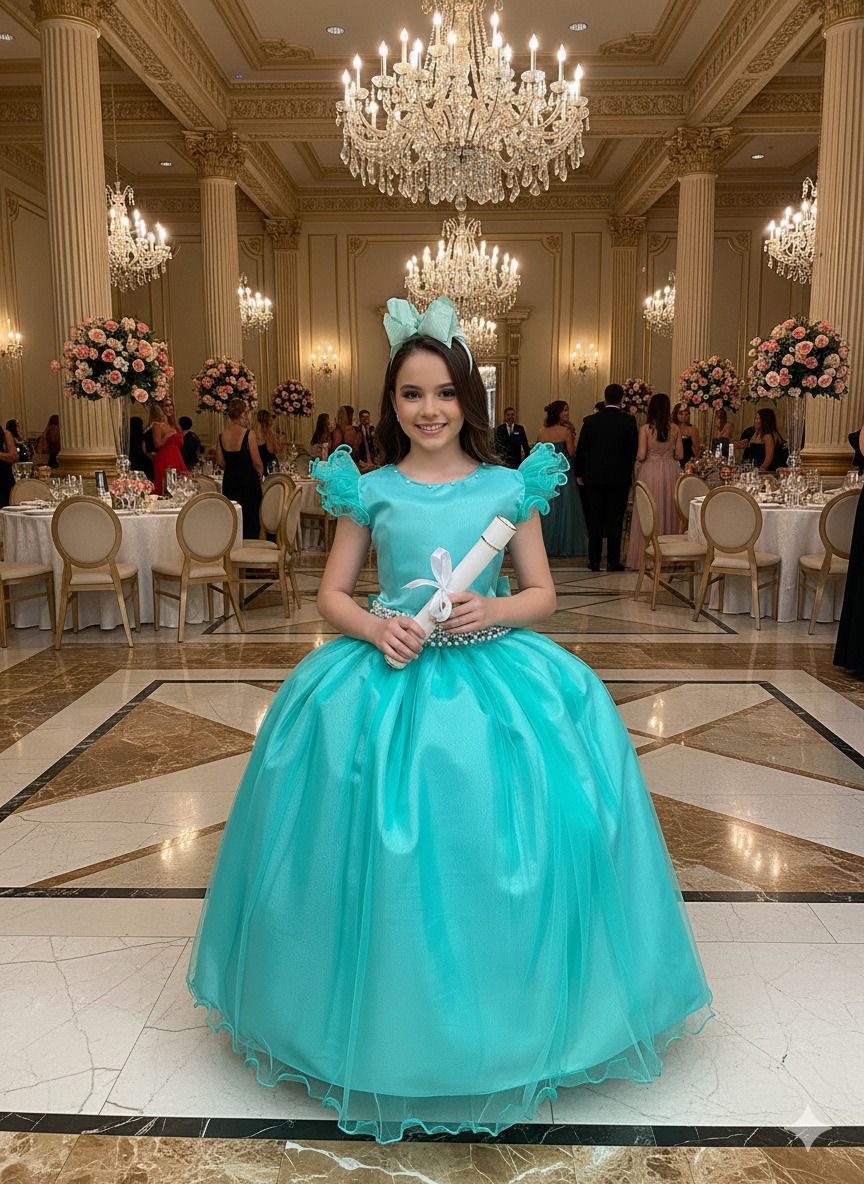Vestido Longo Verde Tiffany com Detalhes em Tule e Cinto de Pérolas
