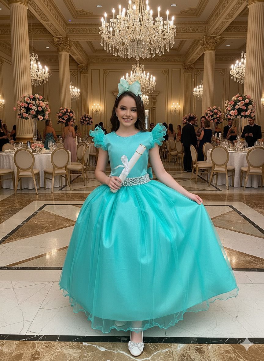 Vestido Longo Verde Tiffany com Detalhes em Tule e Cinto de Pérolas