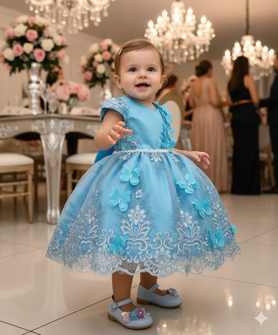 Vestido Azul Tiffany com Glitter e Laço para Crianças