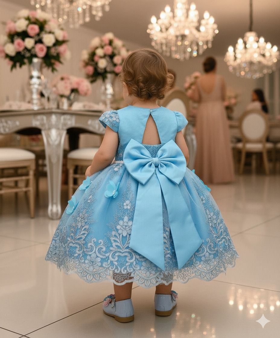 Vestido Azul Tiffany com Glitter e Laço para Crianças