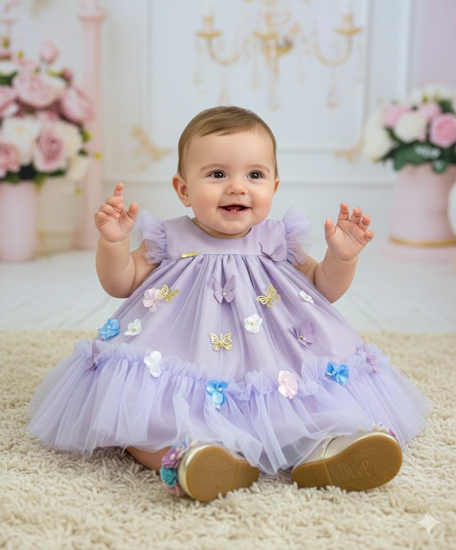 Vestido Infantil Luxo Jardim Encantado Lilás em Tule