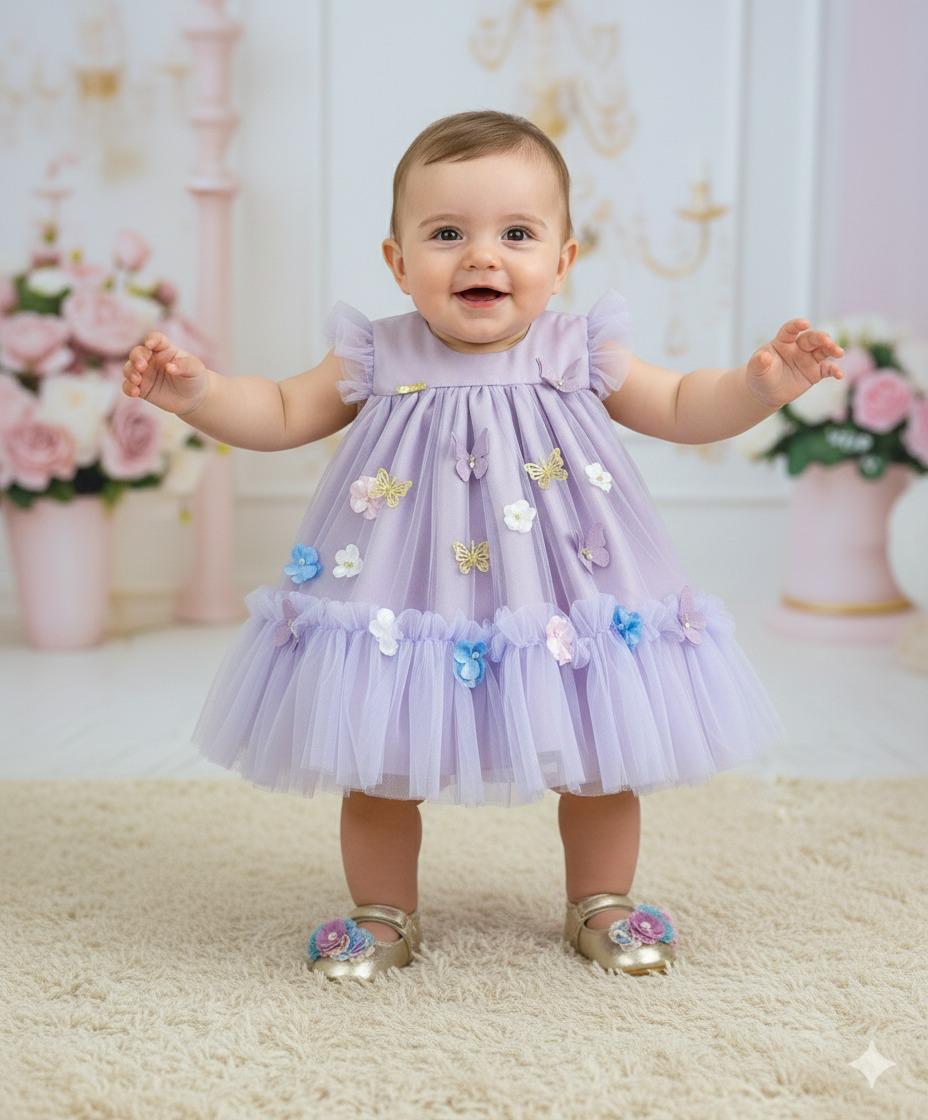 Vestido Infantil Luxo Jardim Encantado Lilás em Tule