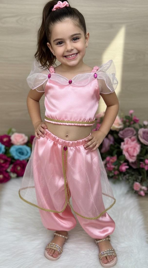 Fantasia Princesa Rosa em Tecido Cetim 100% Poliéster