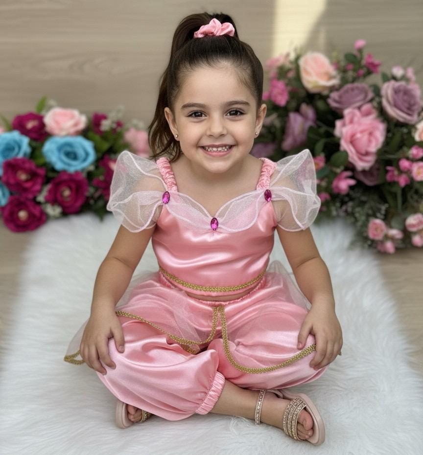 Fantasia Princesa Rosa em Tecido Cetim 100% Poliéster