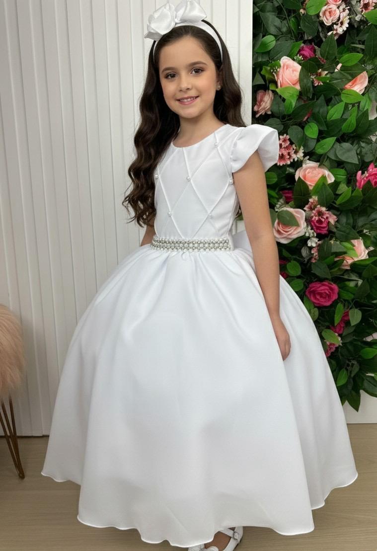 Vestido Longo Branco em Tule e Poliéster com Babado para Festas e Formaturas
