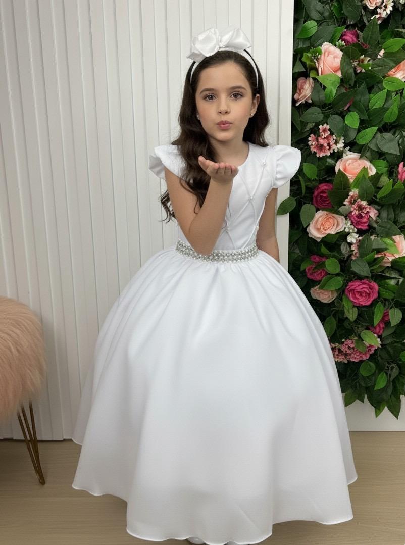 Vestido Longo Branco em Tule e Poliéster com Babado para Festas e Formaturas