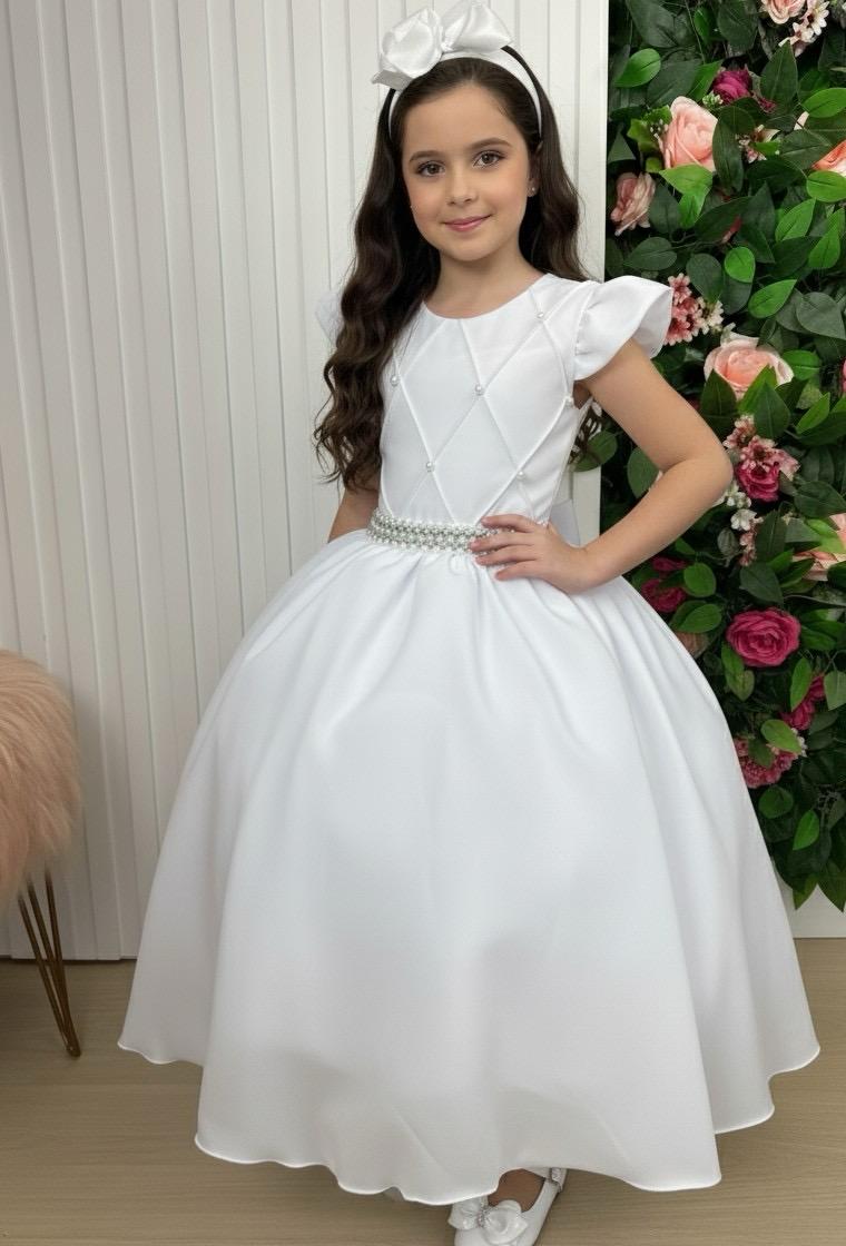 Vestido Longo Branco em Tule e Poliéster com Babado para Festas e Formaturas