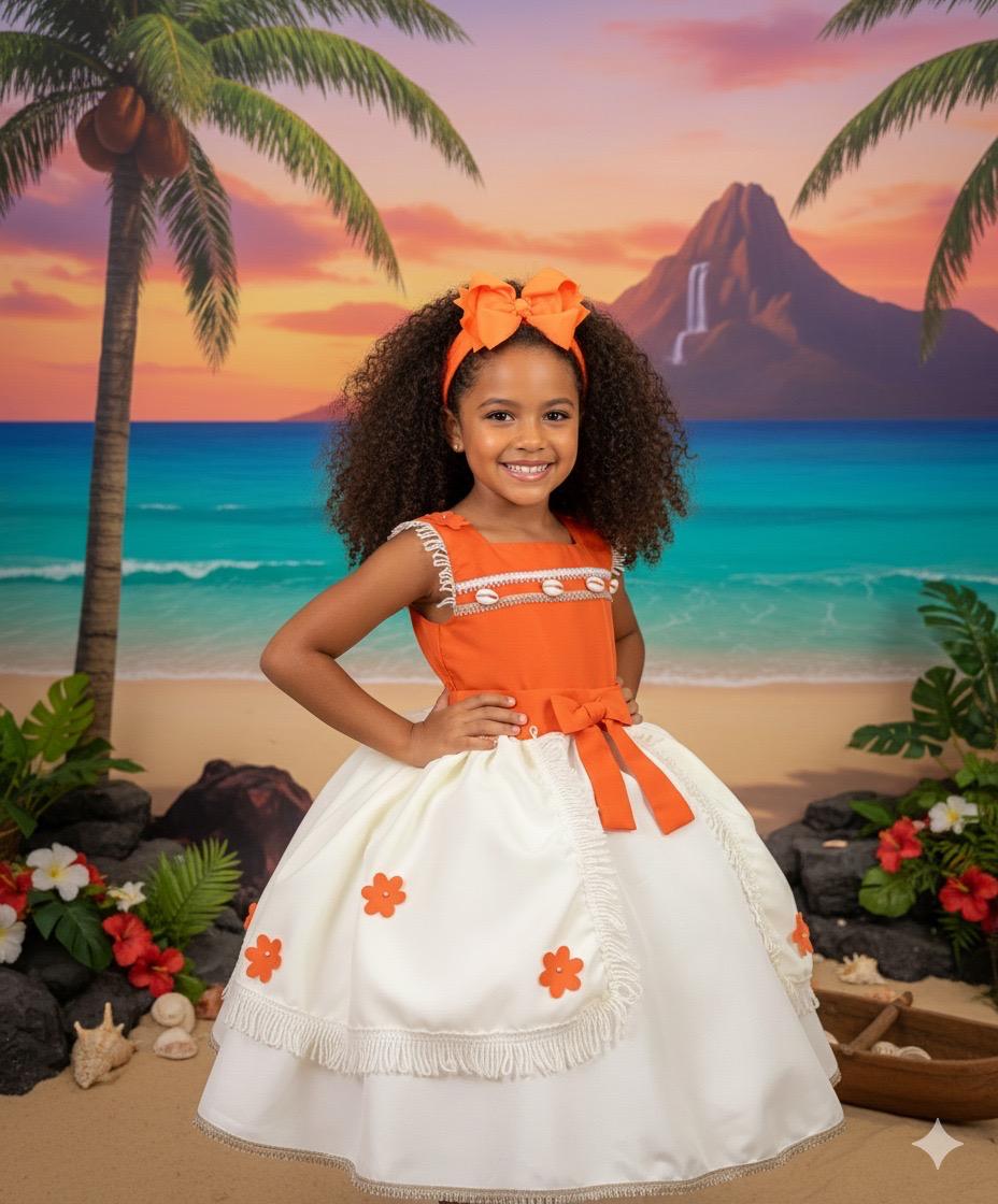 Vestido Kids Moana em Tecido 100% Poliéster com Gola Reta e Mangas Regatas