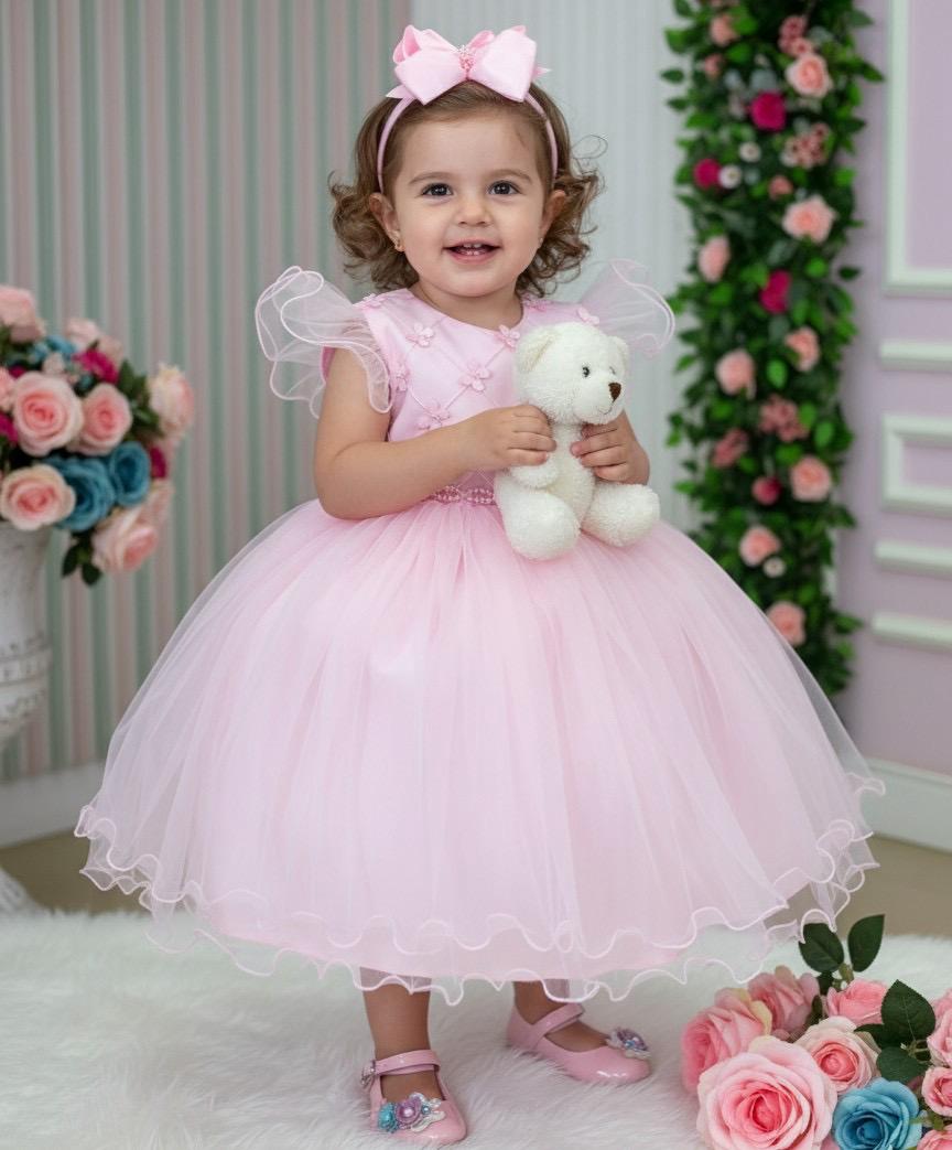 Vestido Rosa Bebê em Tecido Tafeta para Meninas com Laço
