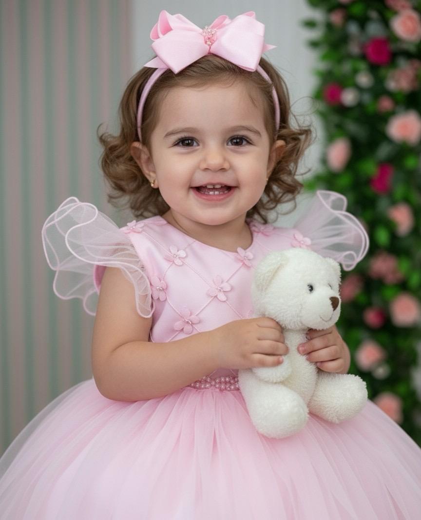 Vestido Rosa Bebê em Tecido Tafeta para Meninas com Laço