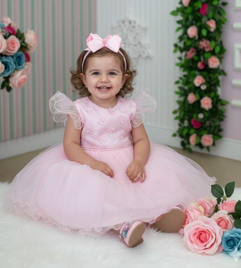 Vestido Rosa Bebê em Tecido Tafeta para Meninas com Laço