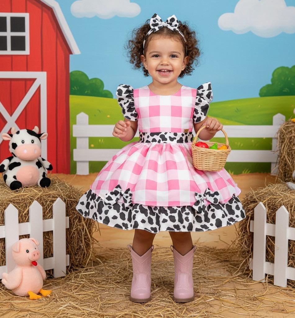 Vestido Infantil Rosa Temático Fazendinha com Laço e Forro Confortável