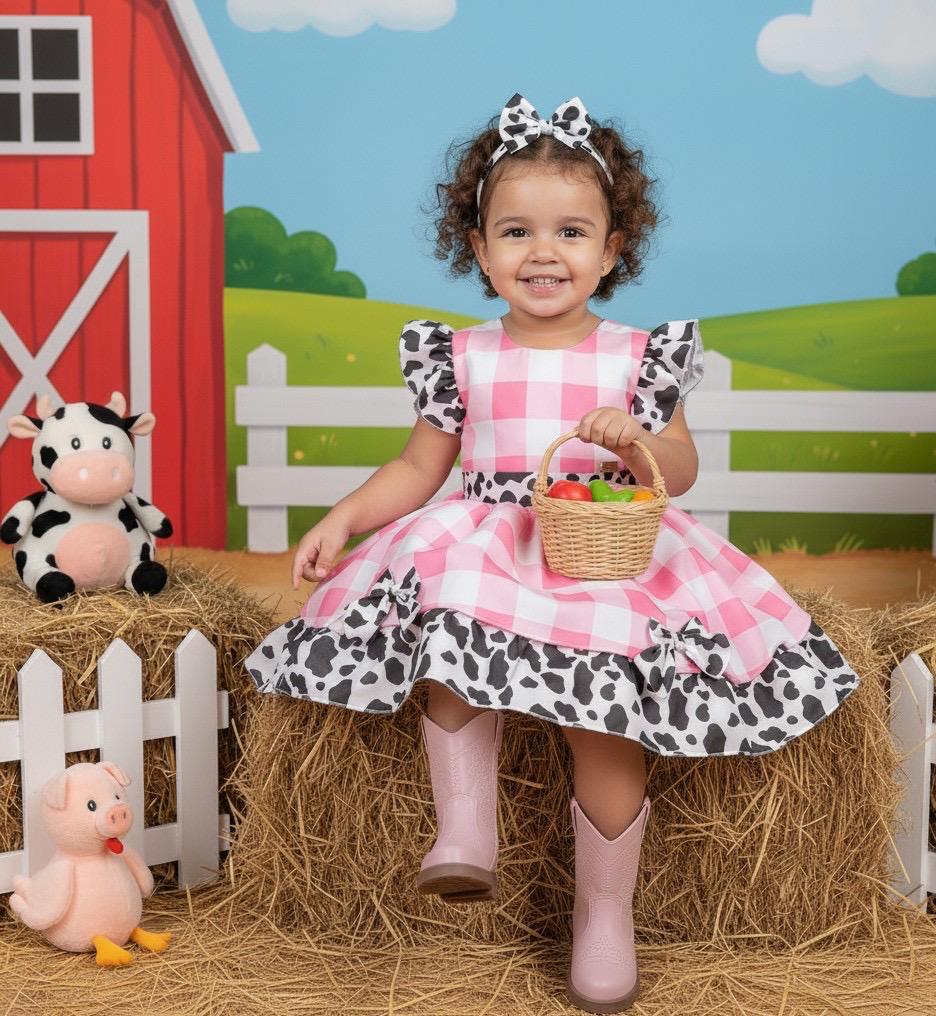 Vestido Infantil Rosa Temático Fazendinha com Laço e Forro Confortável