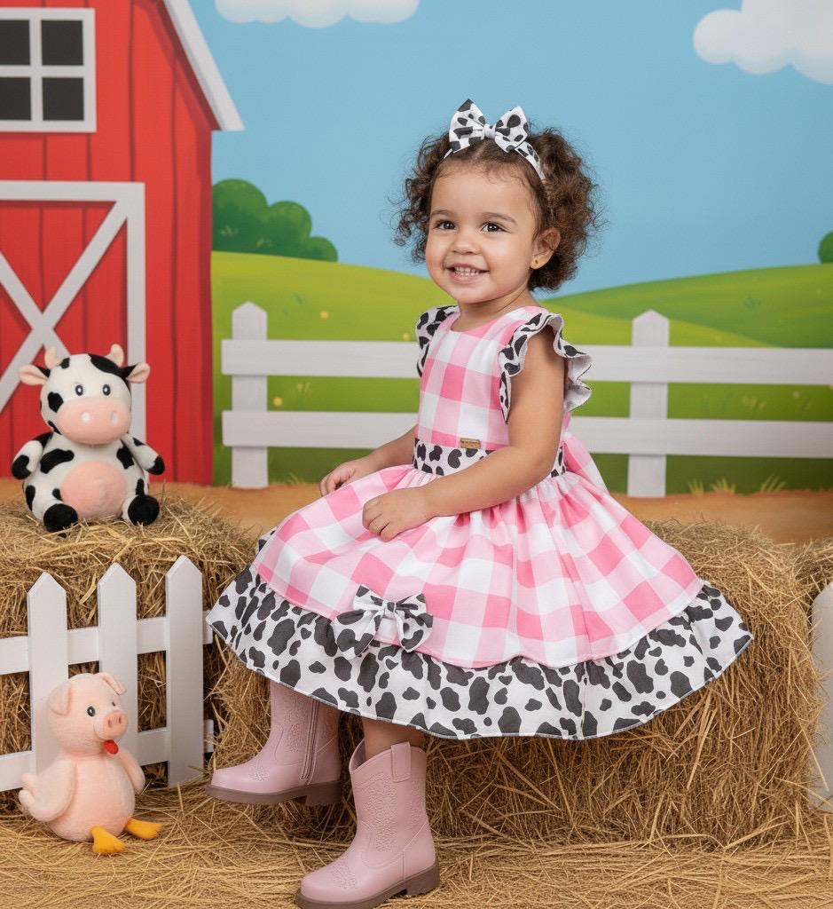 Vestido Infantil Rosa Temático Fazendinha com Laço e Forro Confortável