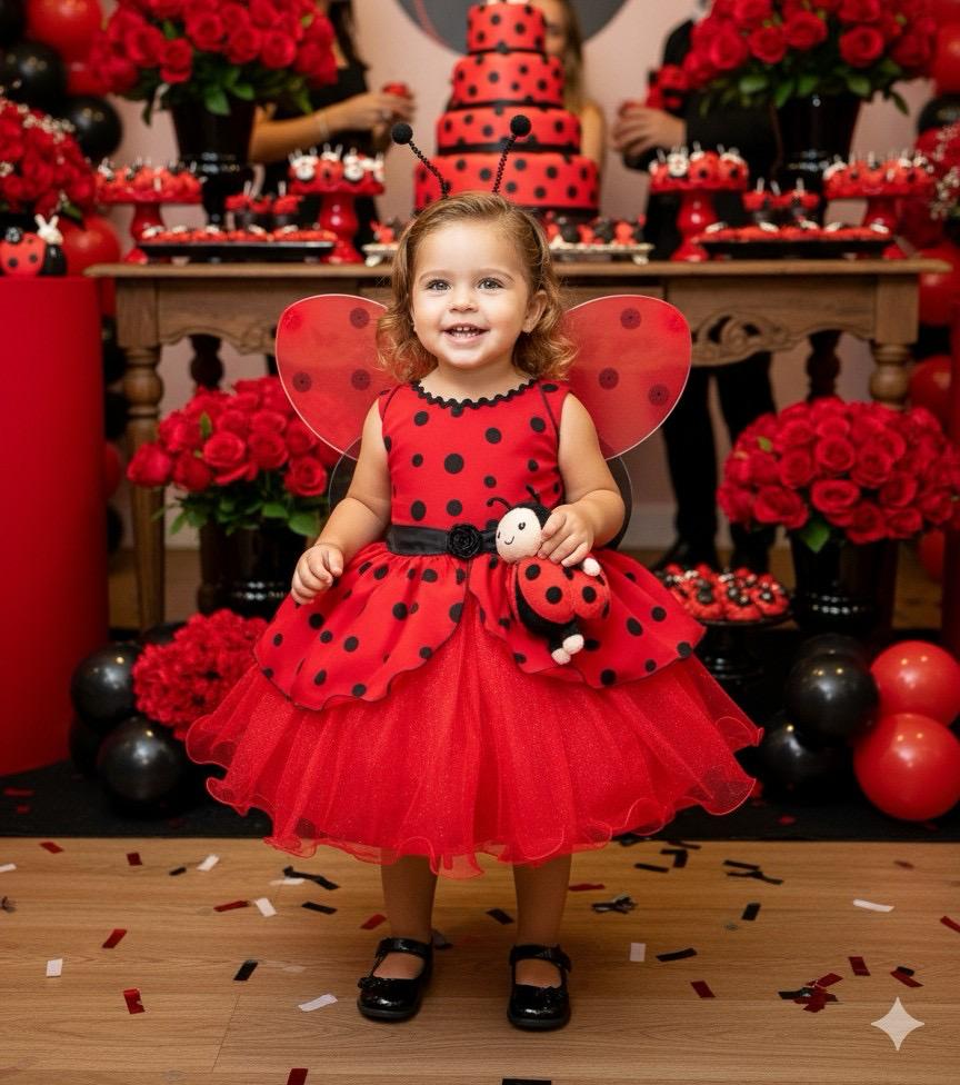 Vestido Luxuoso Joaninha com Asa e Tiara em Tecido Misto