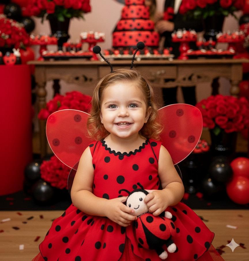 Vestido Luxuoso Joaninha com Asa e Tiara em Tecido Misto